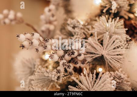 Branches d'arbre de Noël enneigées, décorées de baies blanches et de cônes forestiers. Détails hivernaux Banque D'Images