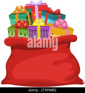 Sac rouge du Père Noël plein de cadeaux. Grand sac ouvert avec boîtes cadeaux. Symbole traditionnel de Noël et du nouvel an, attribut du Père Noël. Vector ill Illustration de Vecteur