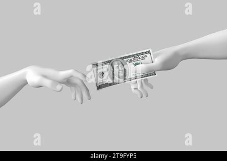 Main à main. Imitation abstraite de la création d'Adam de Michel-Ange. La main de Dieu donne à la main d'Adam un billet de cent dollars sur une ba blanche Banque D'Images