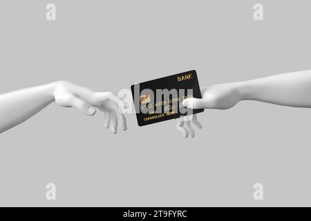 Main à main. Imitation abstraite de la création d'Adam de Michel-Ange. La main de Dieu donne à la main d'Adam une carte de crédit dorée sur un backgr blanc Banque D'Images