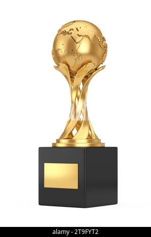 Trophée Golden Award avec Golden Earth Globe sur fond blanc. Rendu 3D. Banque D'Images