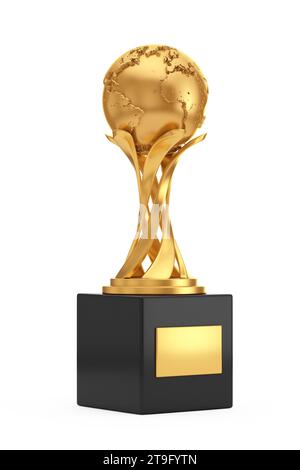 Trophée Golden Award avec Golden Earth Globe sur fond blanc. Rendu 3D. Banque D'Images