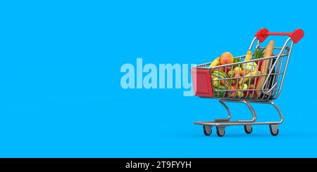 Chariot de panier plein d'épicerie sur un fond bleu. Rendu 3D. Banque D'Images