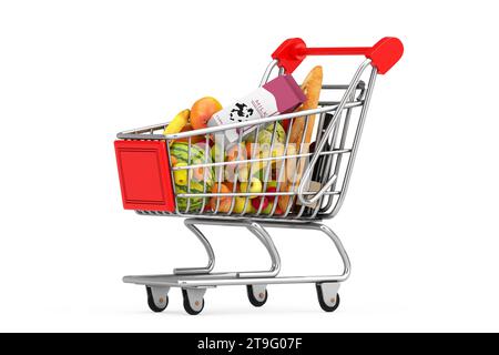 Chariot de panier plein d'épicerie sur un fond blanc. Rendu 3D. Banque D'Images