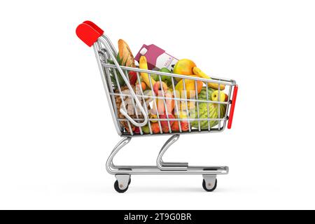 Chariot de panier plein d'épicerie sur un fond blanc. Rendu 3D. Banque D'Images