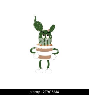 Plante de cactus de dessin animé dans un pot personnage mascotte en noir sunglasse, autocollants personnages de dessin animé. Plante piquante dans différentes poses Illustration de Vecteur