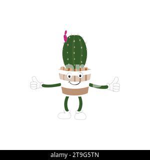 Plante de cactus de dessin animé dans un pot personnage mascotte en noir sunglasse, autocollants personnages de dessin animé. Plante piquante dans différentes poses Illustration de Vecteur