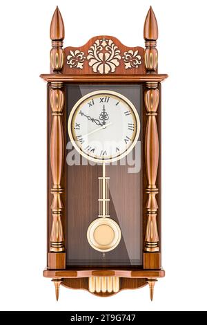 Horloge murale pendulaire. Grande horloge murale suspendue en bois avec pendule oscillant. Rendu 3D isolé sur fond blanc Banque D'Images