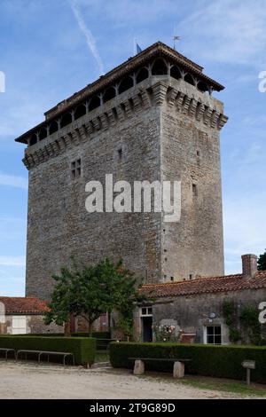 Le donjon médiéval de Bazoges-en-Pareds situé dans le département de la Vendée, dans la région pays de la Loire en France. Banque D'Images