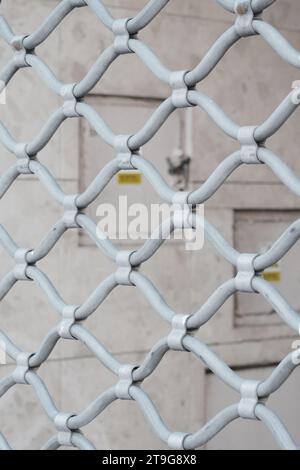 Gros plan d'un treillis de protection décoré en métal dans la porte, entrée de sécurité aucun moyen, aucun accès architectural conçu treillis en forme de dentelle Banque D'Images