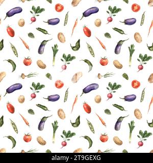 Motif aquarelle sans couture avec différents légumes. Illustrations botaniques dessinées à la main sur fond isolé. Il peut être utilisé dans la conception d'impression Banque D'Images