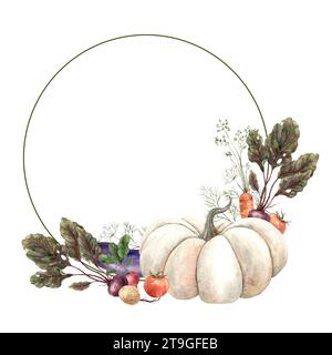 Cadre aquarelle rond avec des légumes : citrouille, radis, carottes, aneth, tomate, betteraves, oignons. Dessiné à la main à l'aquarelle. Utilisation dans la conception Banque D'Images