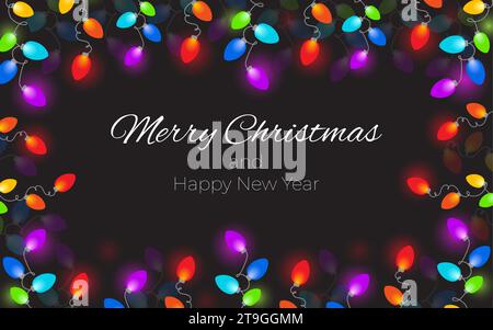 Vector Christmas Lights frontière, cadre de chaîne de lumière isolé sur fond sombre avec espace de copie. Guirlande décorative colorée. Bordure lumineuse de Noël. Vacances Illustration de Vecteur