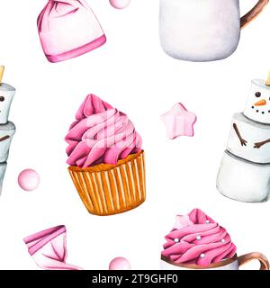 Motif sans couture avec cupcake rose et crème blanche. Tasse à boisson chaude avec crème fouettée. Muffin sucré et bonhomme de neige à la guimauve. Aquarelle Banque D'Images