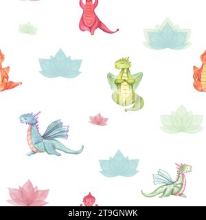 Modèle sans couture de Dragons colorés dans diverses poses de yoga. Fleur abstraite bleue, verte, rouge de nénuphar. Les animaux assis en lotus posent et pratiquent Banque D'Images