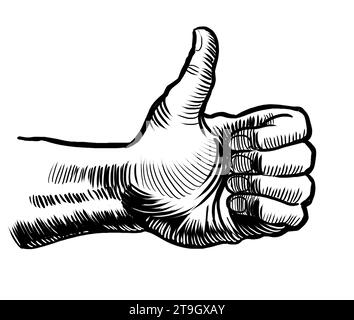 Main montrant un gros pouce. Illustration en noir et blanc dessinée à la main Banque D'Images