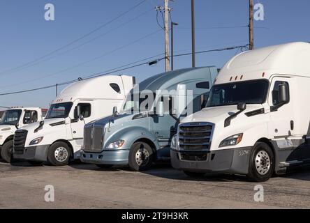 Cincinnati - 23 novembre 2023 : Freightliner et Kenworth semi Tractor Trailer Big Rig Trucks alignés à vendre. Banque D'Images