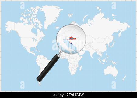 Loupe montrant une carte de la Croatie sur une carte du monde. Le drapeau et la carte de la Croatie s'agrandissent dans l'objectif. Illustration vectorielle. Illustration de Vecteur