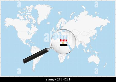 Loupe montrant une carte de l'Egypte sur une carte du monde. Le drapeau et la carte de l'Egypte s'agrandissent dans l'objectif. Illustration vectorielle. Illustration de Vecteur