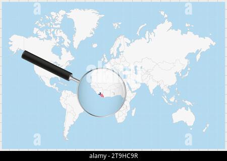 Loupe montrant une carte du Libéria sur une carte du monde. Le drapeau du Libéria et la carte s'agrandissent dans l'objectif. Illustration vectorielle. Illustration de Vecteur