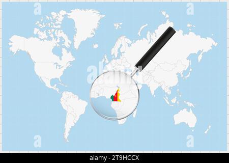 Loupe montrant une carte du Cameroun sur une carte du monde. Le drapeau et la carte du Cameroun s'agrandissent dans l'objectif. Illustration vectorielle. Illustration de Vecteur