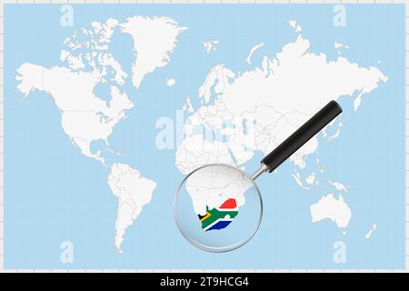 Loupe montrant une carte de l'Afrique du Sud sur une carte du monde. Le drapeau et la carte de l'Afrique du Sud s'agrandissent dans l'objectif. Illustration vectorielle. Illustration de Vecteur