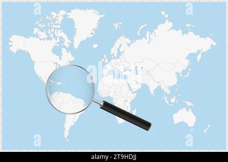 Loupe montrant une carte de Grenade sur une carte du monde. Le drapeau de la Grenade et la carte s'agrandissent dans l'objectif. Illustration vectorielle. Illustration de Vecteur