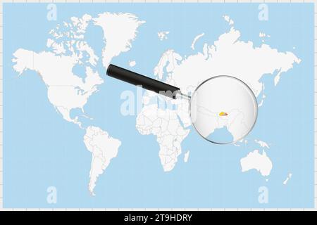 Loupe montrant une carte du Bhoutan sur une carte du monde. Le drapeau du Bhoutan et la carte s'agrandissent dans l'objectif. Illustration vectorielle. Illustration de Vecteur