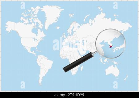 Loupe montrant une carte de la Corée du Sud sur une carte du monde. Le drapeau et la carte de la Corée du Sud s'agrandissent dans l'objectif. Illustration vectorielle. Illustration de Vecteur