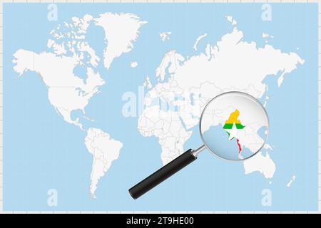 Loupe montrant une carte du Myanmar sur une carte du monde. Le drapeau et la carte du Myanmar s'agrandissent dans l'objectif. Illustration vectorielle. Illustration de Vecteur