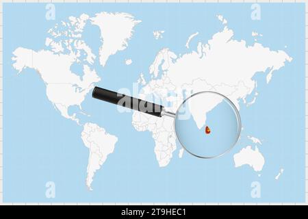 Loupe montrant une carte du Sri Lanka sur une carte du monde. Le drapeau et la carte du Sri Lanka s'agrandissent dans l'objectif. Illustration vectorielle. Illustration de Vecteur