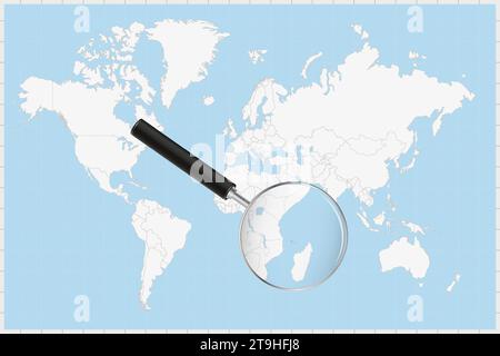 Loupe montrant une carte des Comores sur une carte du monde. Le drapeau et la carte des Comores s'agrandissent dans l'objectif. Illustration vectorielle. Illustration de Vecteur