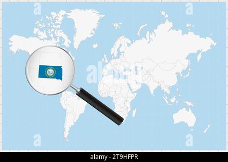 Loupe montrant une carte du Dakota du Sud sur une carte du monde. Le drapeau et la carte du Dakota du Sud s'agrandissent dans l'objectif. Illustration vectorielle. Illustration de Vecteur