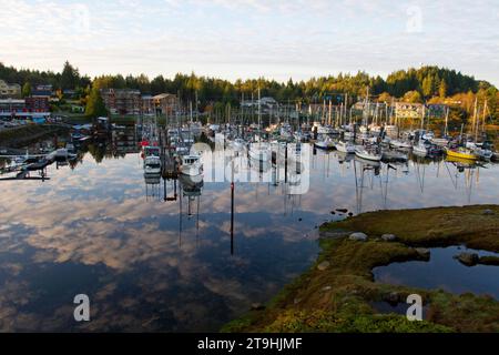 Navires commerciaux et de plaisance amarrés au port/port de plaisance d'Ucluelet, côte ouest de l'île de Vancouver, Colombie-Britannique, Canada pris du centre de villégiature Waters Edge. Banque D'Images