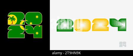 Année 2024 avec drapeau des îles Cocos et en palais de couleur du drapeau des îles Cocos. Bonne année 2024 dans deux styles différents. Design du nouvel an pour Calend Illustration de Vecteur