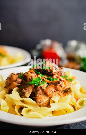 Goulash allemand servi sur des nouilles aux œufs dans un bol peu profond : morceaux de bœuf mijotés assaisonnés de marjolaine, de graines de carvi et de paprika Banque D'Images