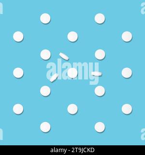 Motif de comprimés blancs dans la lumière dure sur la couleur bleu clair doux, vue de dessus. Remèdes médicaux et pharmaceutiques, coffre de médecine à domicile. Banque D'Images