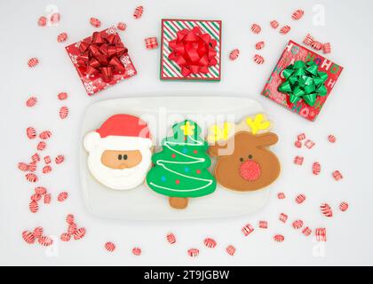 Vue de dessus plat de biscuits au sucre décorés de fantaisie dans des formes de Noël. Santa, arbre et renne sur une assiette rectangulaire en porcelaine entourée de petits Banque D'Images