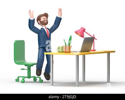 Illustration 3D de sourire barbu homme d'affaires américain Bob heureux dans le bureau.concept réussi. Flat cartoon Character.3D rendu sur fond blanc Banque D'Images