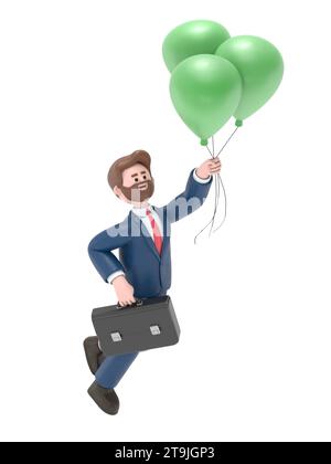 Illustration 3D de sourire barbu homme d'affaires américain Bob en costume d'affaires volant dans le ciel tenant des ballons avec le signe du dollar. Concept de réussite, Banque D'Images
