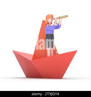 Illustration 3D de souriante femme d'affaires européenne Ellen.Direction des affaires et de la gestion. Bateau de papier, bateau sur l'eau, dessin animé plat d'affaires, leader Banque D'Images