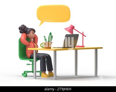 Illustration 3D d'une femme africaine Coco Business employée ennuyée au travail. Concept de vie professionnelle au bureau. Rendu 3D sur fond blanc. Banque D'Images