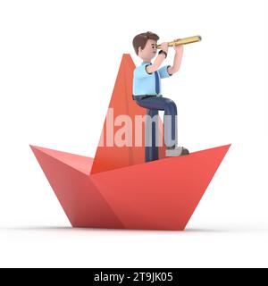 Illustration 3D de sourire homme asiatique Felix.Direction des affaires et de la gestion. Bateau de papier, bateau sur l'eau, dessin animé plat d'affaires, concept de leadership. Banque D'Images