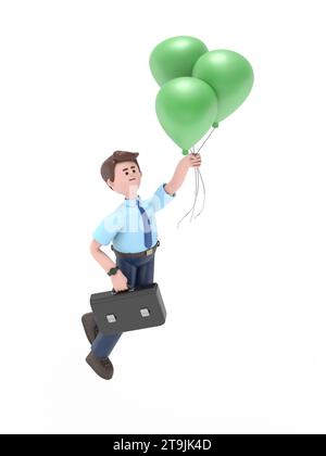 Illustration 3D de sourire homme asiatique Felix en costume d'affaires volant dans le ciel tenant des ballons avec le signe du dollar. Concept de réussite, richesse, abondance Banque D'Images