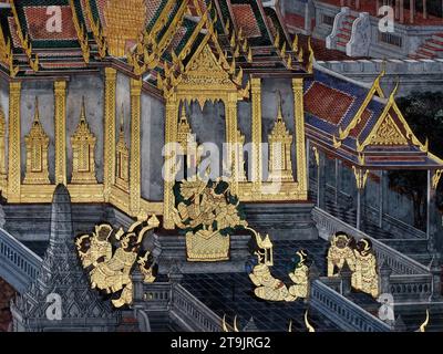 Bangkok, Thaïlande, 27 décembre 2018. Les murs d'un temple de Bangkok sont ornés d'une murale thaïlandaise traditionnelle, représentant des événements légendaires de la Banque D'Images