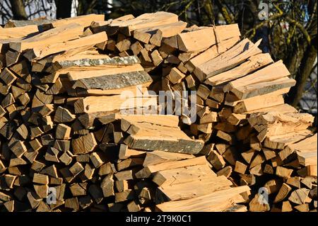 Une pile de bois de hêtre dans le quartier de Gmunden Banque D'Images