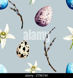 Modèle sans couture aquarelle avec des œufs colorés mignons de Pâques, des fleurs de printemps, de la jonquille, des branches de saule. Clip art pour vacances, cartes postales, emballages Banque D'Images