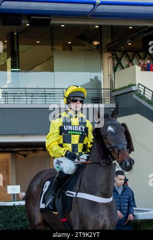 Ascot, Royaume-Uni. 25 novembre, 2023.Horse Shishkin monté par le jockey Nico de Boinville se dirige vers le circuit lors des courses d'Ascot pour le Nirvana Spa 1965 Steeple Chase lors du meeting de novembre Racing Saturday. Dans une grande surprise, Shishkin, le chasseur préféré des cotes a refusé de courir vers le bas au départ. Les Racegoers qui ont placé des Paris sur Hongding Shishkin ont été déçus que Shishkin n'ait pas été déclaré comme un non coureur et donc ils n'ont pas récupéré leur argent. Le présentateur d'ITV Racing, Mick Fitzgerald, a déclaré que Shishkin avait déjà fait cela et était «un personnage original». Entraîneur Nicky Henderson. Propriétaire Mme J Donnelly. Banque D'Images