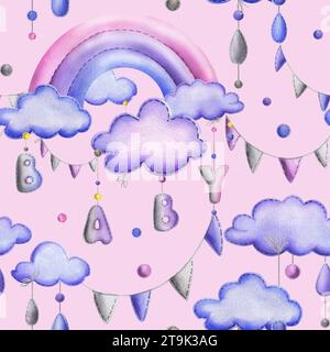 A stitched rainbow with clouds and letters BABY, garland flags, dots hanging from ropes in blue, purple and pink. Cute hand drawn watercolor Banque D'Images