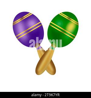 maracas mardi gras violet et vert avec des éléments dorés illustrations dessinées à la main sur fond blanc. Photo de haute qualité Banque D'Images